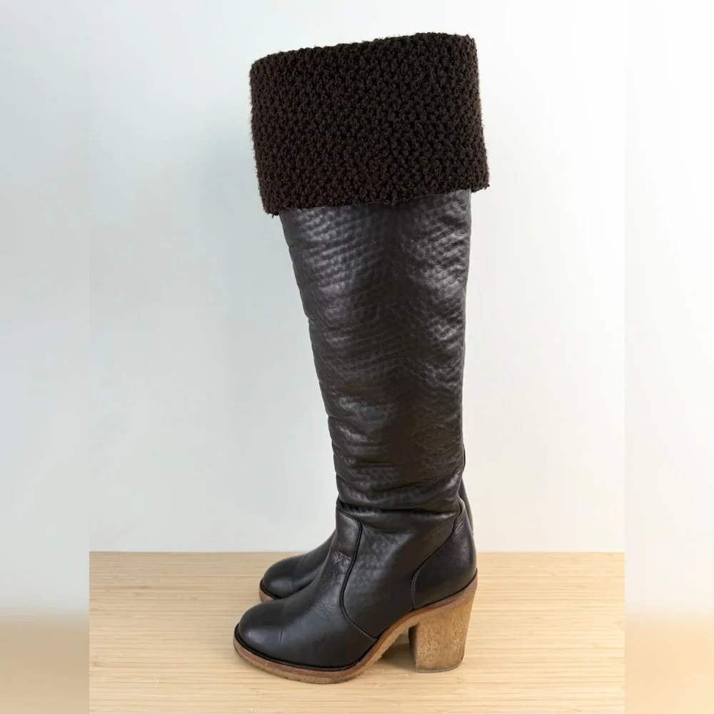 CHANEL Over The Knee Winter Boots Brown Sz 40